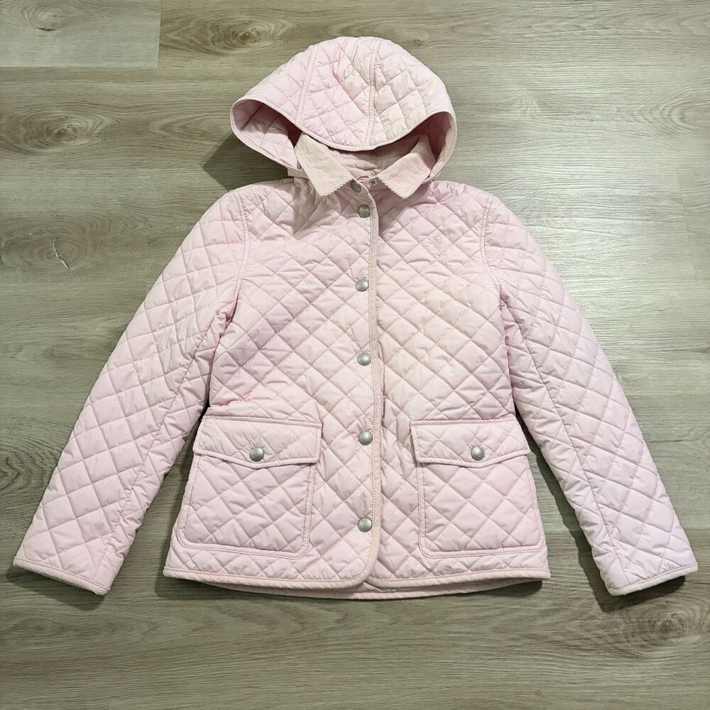 Polo Ralph Lauren Girls Size XL 16 Pink Quilted Jacket Removable Hood Pony
